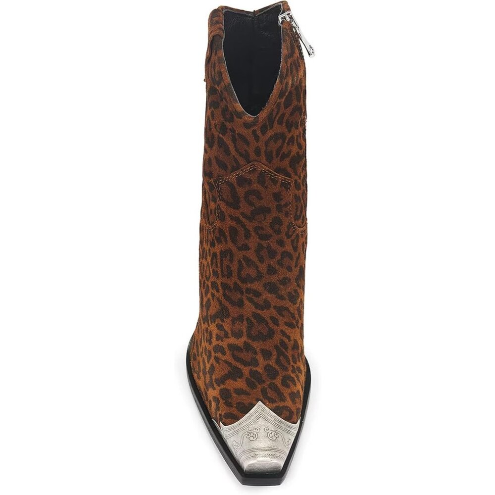 Women's Leopard Engraved Steel Toe Cowgirl Boots Stacked Block Heels Short - Picture 4 of 5